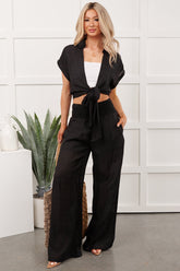 You're The Boss Tie Front Top And Smocked Pants Set (Black)